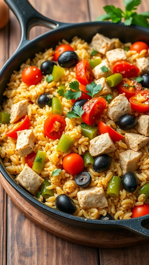 A colorful Mediterranean chicken orzo skillet with chicken, orzo, tomatoes, and olives garnished with parsley.